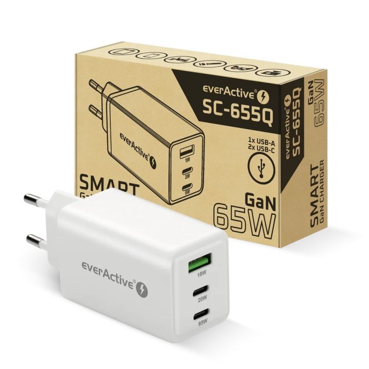 Charger GaN 1 x USB 2 x USB-C Quick Charge 4+ 65W white