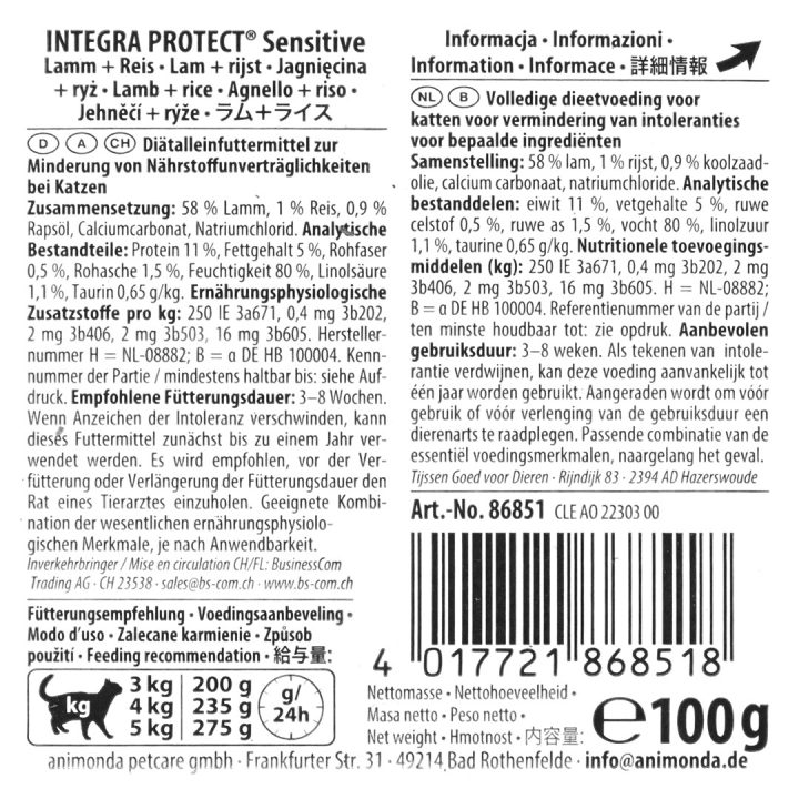 ANIMONDA Integra Protect Sensitive Lamb with rice - wet cat food - 100g