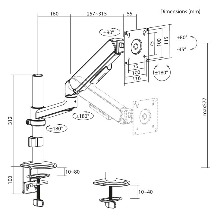 Ergo Office Monitor Mount/Hanger Gas Spring 17 -32 1-10 kg Matte White Max. VESA 100x100 ER-691 W
