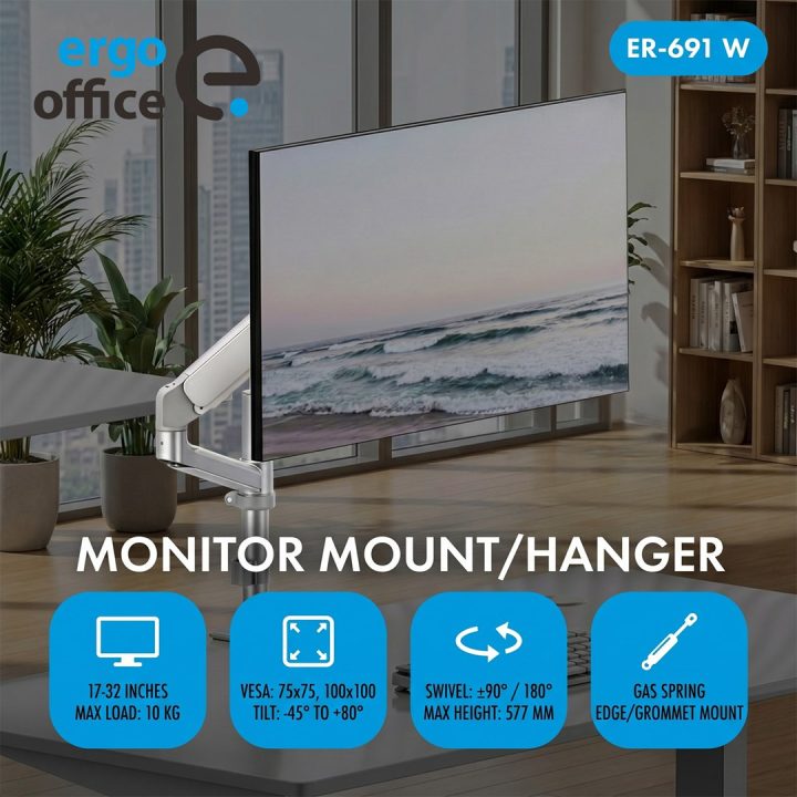 Ergo Office Monitor Mount/Hanger Gas Spring 17 -32 1-10 kg Matte White Max. VESA 100x100 ER-691 W