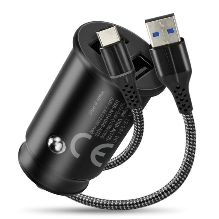 Car charger 2 X USB 12W black + cable USB-C 1m