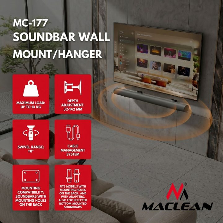 Maclean Soundbar Wall Mount / Bracket angle adjustment +8°–8° max. load 10 kg made of steel MC-177