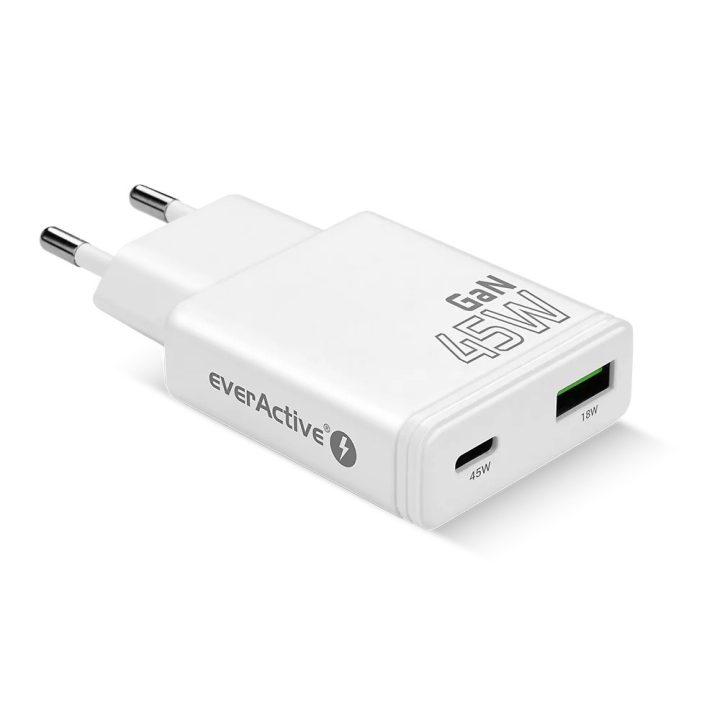 Charger GaN 1x USB-C 1x USB Quick Charge 3.0 45W PD white