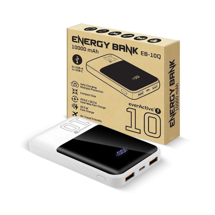 Powerbank 10 000mAh 2x USB 1x USB-C 22 5W QC4+ LCD screen white