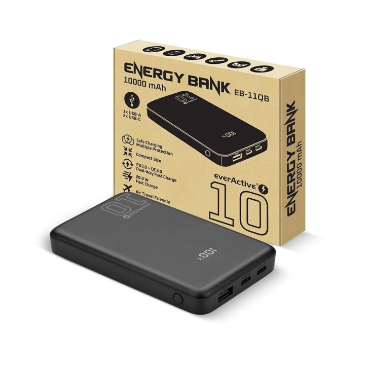 Powerbank 10 000mAh 1x USB 2x USB-C 20W QC4+ LCD screen black