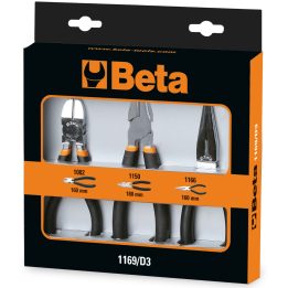 Beta 1169/D3 Assortimento di 1 pinza universale, 1 pinza becchi mezzotondi lunghi e 1 tronchese, con 2 strati di PVC antiscivolo