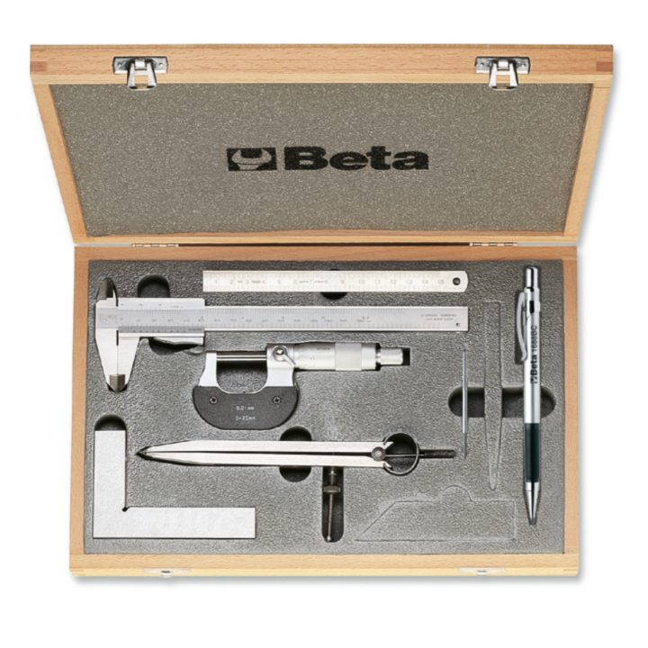 Beta 1685/C7 Assortimento di 7 strumenti per misurare e tracciare (art. 1650, 1658/25, 1670, 1680C, 1682, 1688BC) in cassetta 01