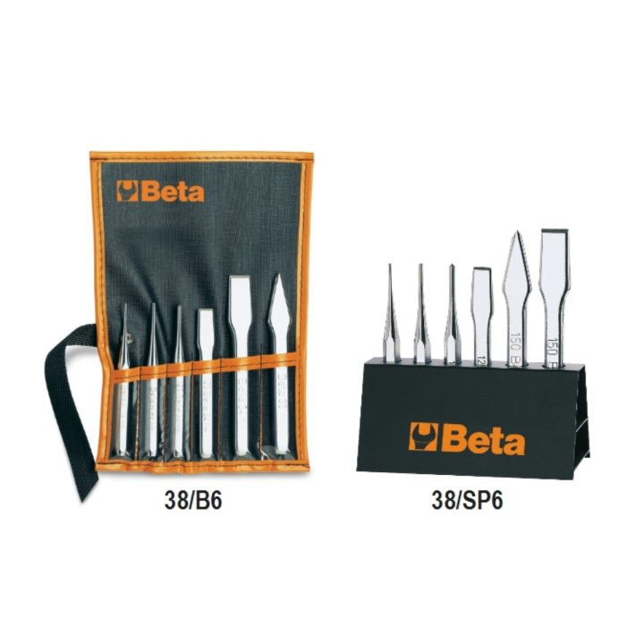 Beta 38/SP6 Serie di 6 punzoni (art. 30), bulini (art. 32), scalpelli piatti (art. 34) e ugnetti (art. 36), con supporto 0003800