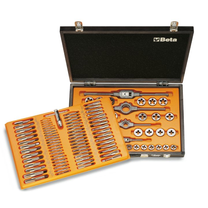 Beta 446/C110 Assortimento di maschi e filiere con accessori in acciaio al cromo filettatura metrica in cassetta di legno 004460