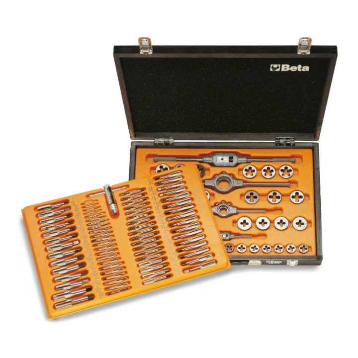 Beta 446/C110 Assortimento di maschi e filiere con accessori in acciaio al cromo filettatura metrica in cassetta di legno 004460