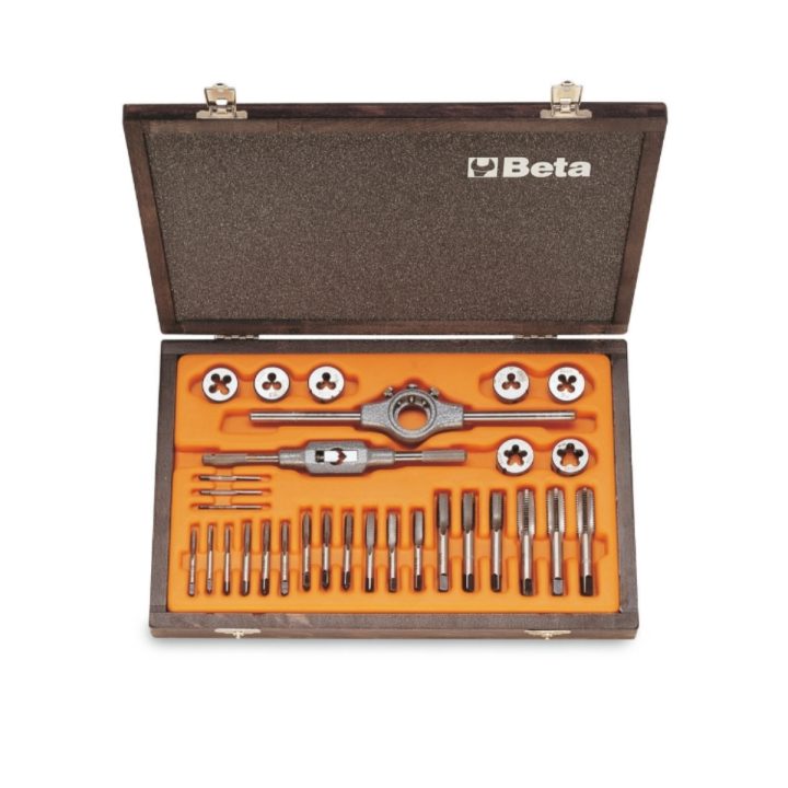Beta 446/C30 Assortimento di maschi e filiere con accessori in acciaio al cromo filettatura metrica in cassetta di legno 0044600