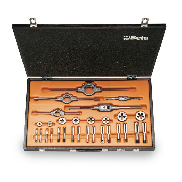 Beta 446ASF/C29 Assortimento di maschi e filiere con accessori in acciaio al cromo filettatura UNF in cassetta di legno 00446007