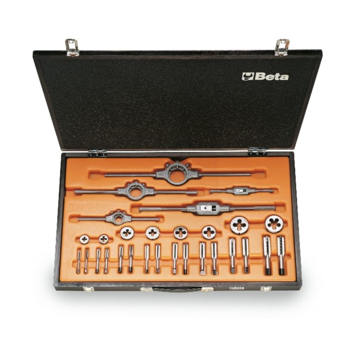Beta 446ASF/C29 Assortimento di maschi e filiere con accessori in acciaio al cromo filettatura UNF in cassetta di legno 00446007
