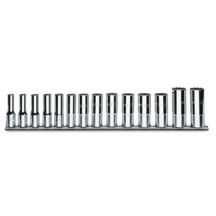 Beta 910BL/SB14 Serie di 14 chiavi a bussola a mano lunghe bocca poligonale (art. 910BL) su supporto 009100340