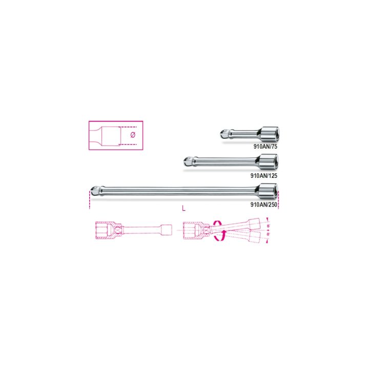 Beta 910AN/75 Prolunghe a mano con attacchi quadri maschio e femmina 3/8" angolari cromate 009100827