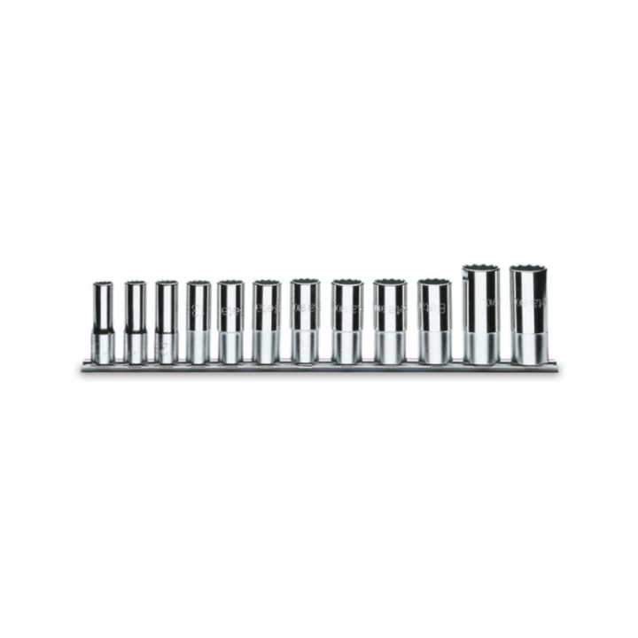Beta 910ASL/SB12 Serie di 12 chiavi a bussola a mano lunghe bocca poligonale (art. 910AS/L) su supporto 009100365