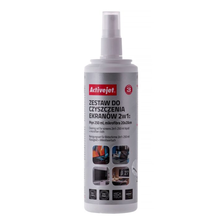 Activejet AOC-269 Liquid Screen cleaning kit 2in1 250 ml 20x20 cm Screen cleaner plastic cleaner and microfiber cleaning cloth 2