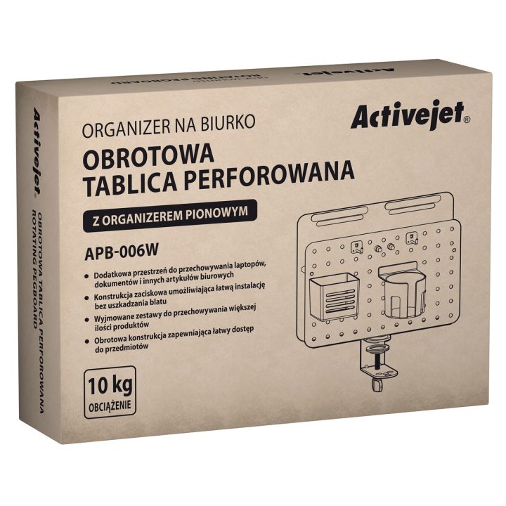 Activejet APB-006W desk organiser – rotating perforated board with vertical organiser grey and white