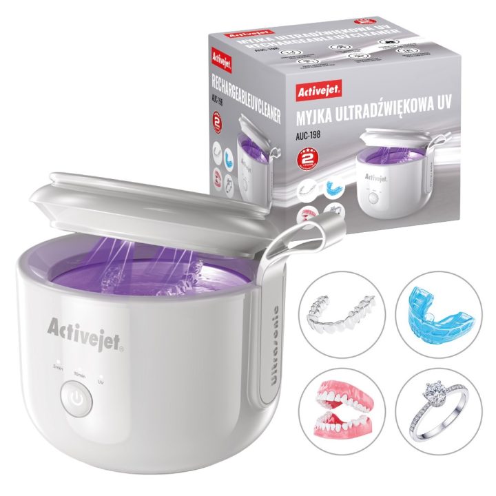 Activejet AUC-198 cordless ultrasonic UV cleaner. For dentures braces and jewelry white.