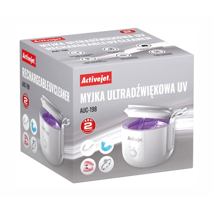 Activejet AUC-198 cordless ultrasonic UV cleaner. For dentures braces and jewelry white.