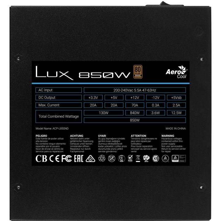 Aerocool LUX850 PC Power Supply 850W 80 Plus Bronze 230V 88% Efficiency Black