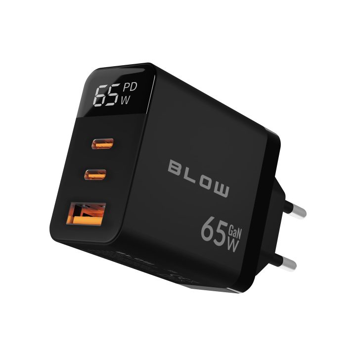 LCD wall charger USB socket + USB-Cx2 PD 65W GAN black wattmeter