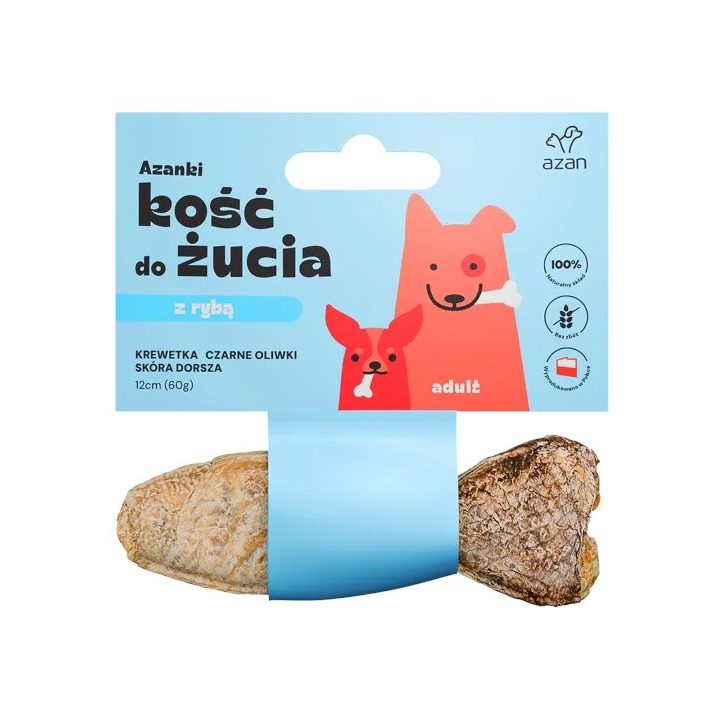 AZANKI Bone with shrimp and black olives in cod skin shaped like a fish – dog treat – 12 cm