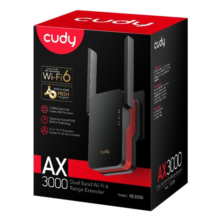 Cudy RE3000 network extender Network repeater Black Red 10 100 1000 Mbit/s