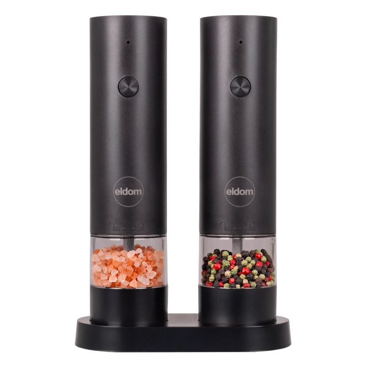 ELDOM ZMP5 BATTERY-POWERED PEPPER AND SALT GRINDER SET WITH STAND BLACK
