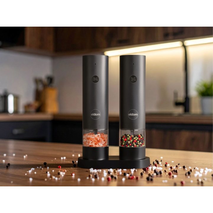 ELDOM ZMP5 BATTERY-POWERED PEPPER AND SALT GRINDER SET WITH STAND BLACK