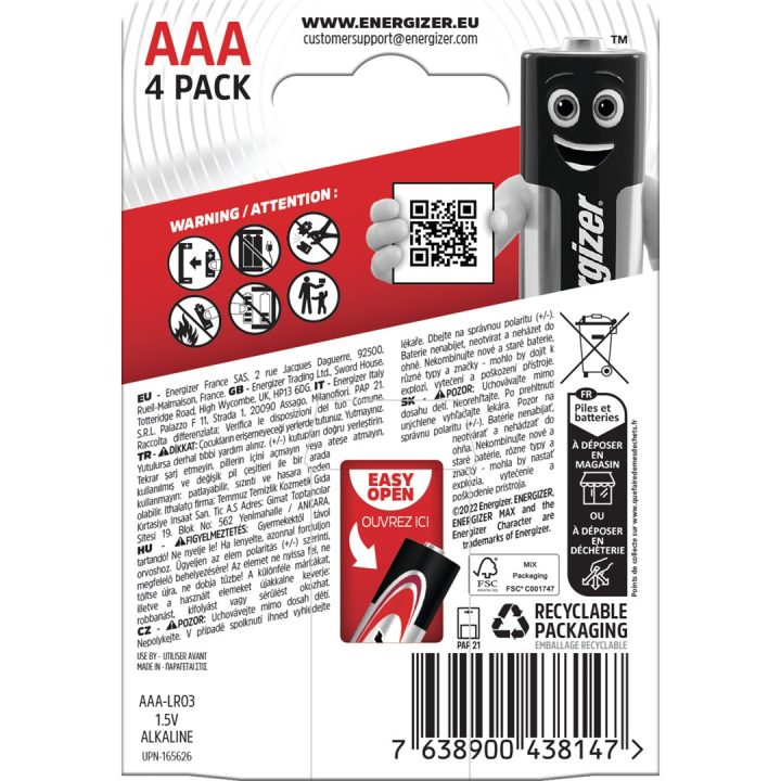 ENERGIZER BATTERIES ALKALINE MAX AAA LR03 4 PIECES ECO PACKAGING