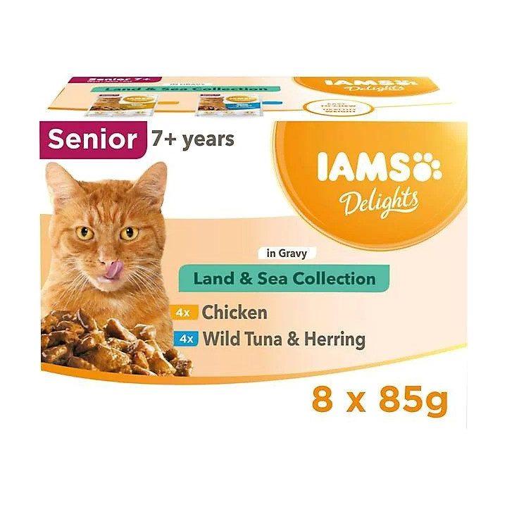 IAMS DELIGHTS Senior Land & Sea Collection in Gravy box – wet cat food – 8x85g