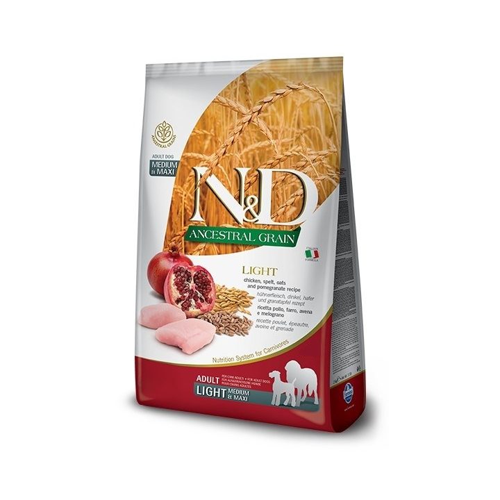 FARMINA N&D ANCESTRAL GRAIN DOG LIGHT - CHICKEN. SPELT.OATS AND POMEGRANATE ADULT MEDIUM & MAXI 12kg