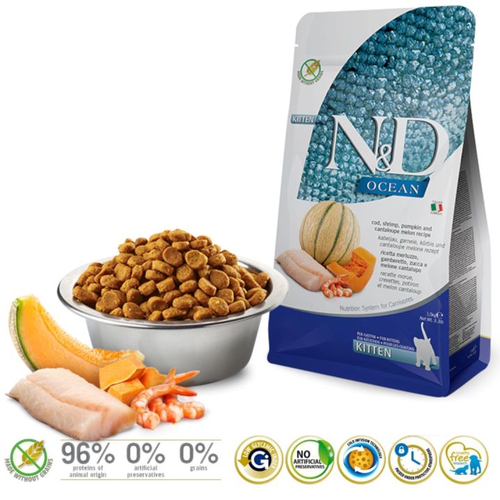 FARMINA N&D Ocean Cat Cod Shrimp Pumpkin and Cantaloupe Melon Kitten - dry cat food - 1.5 kg