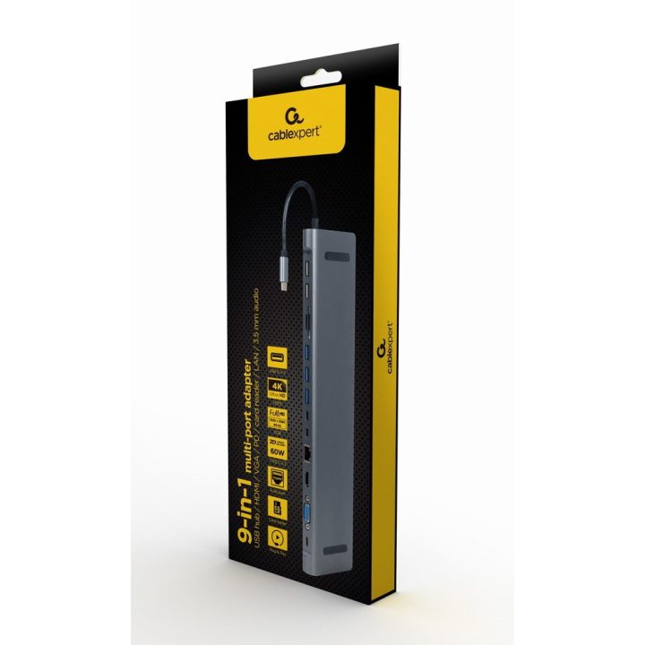 Gembird A-CM-COMBO9-01 USB Type-C 9-in-1 multi-port adapter (USB hub + HDMI + VGA + PD + card reader + LAN + 3.5 mm audio) space