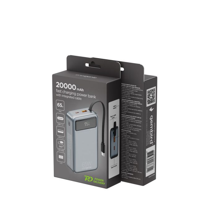 Gembird PB20-PD65-LCD-01 Fast charging power bank with integrated cables 65W 20000 mAh black
