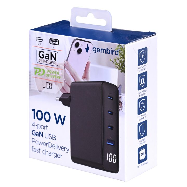 Gembird TA-UC-PDQC100LCD-01-BK mobile device charger Laptop Smartphone Black AC Fast charging Indoor