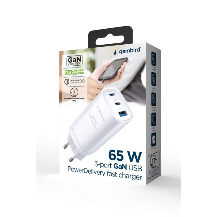 Gembird TA-UC-PDQC65-01-W 3-port 65 W GaN USB PowerDelivery fast charger white