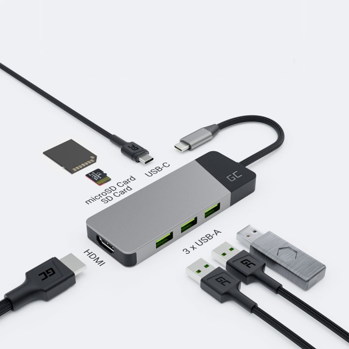 GREEN CELL HUB USB-C ADAPTER GC CONNECT 7W1 (3XUSB 3.1 HDMI 4K 60HZ USB-C PD 85W MICROSD/SD)
