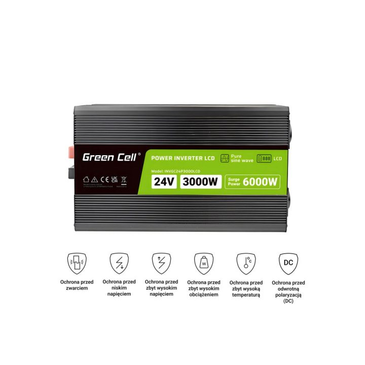 Green Cell Przetwornica napicia PowerInverter LCD 24 V 3000W/60000W Przetwornica samochodowa z wywietlaczem - czysty sinus power