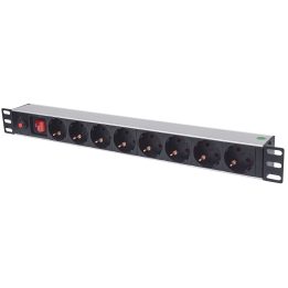 Intellinet 19 1U Rackmount 8-Way Power Strip - German Type With On/Off Switch and Overload Protection 3m Power Cord (Euro 2-pin