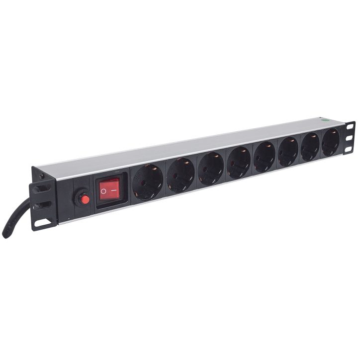 Intellinet 19 1U Rackmount 8-Way Power Strip - German Type With On/Off Switch and Overload Protection 3m Power Cord (Euro 2-pin